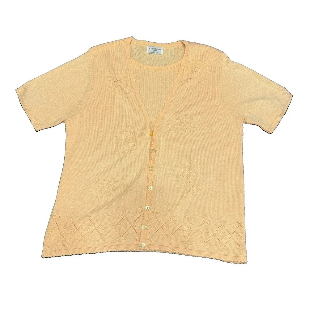 1XVTG Alfred Dunner Cardigan Sweater Womens M Peach Layered Short Sleeve Daisies